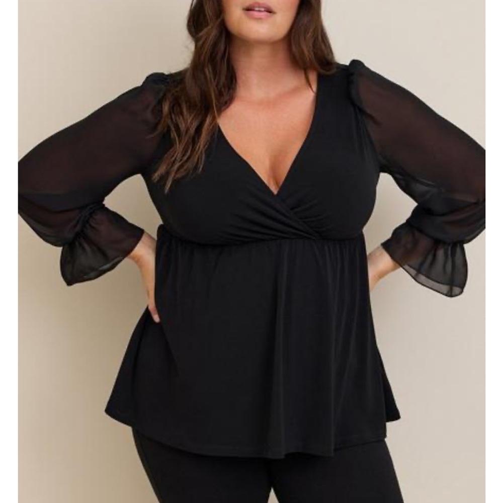 Babydoll Studio Knit Chiffon Sleeves Surplice Top